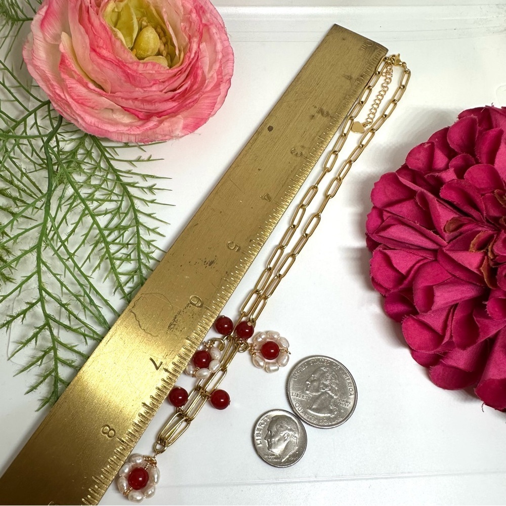 NEW⚜️Red Jade Freshwater Pearl Flower Charm Necklace - Picture 5 of 6